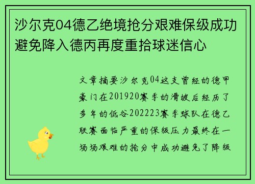 沙尔克04德乙绝境抢分艰难保级成功避免降入德丙再度重拾球迷信心