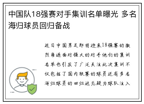 中国队18强赛对手集训名单曝光 多名海归球员回归备战 中国队18强赛对手集训名单曝光 多名海归球员回归备战